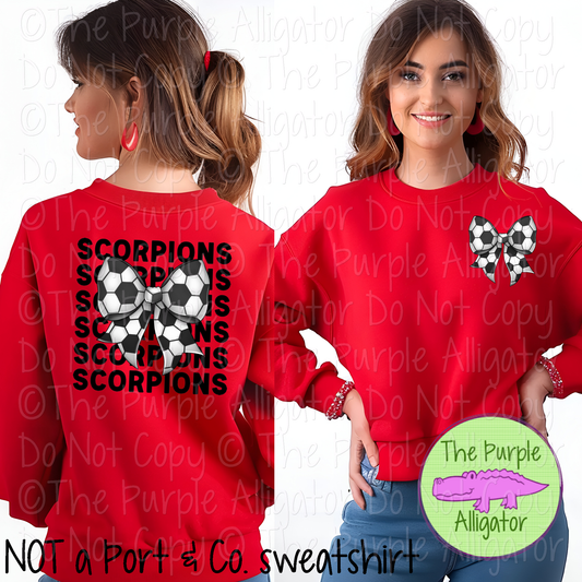 Scorpions Stack Soccer Bow Front/Back Mascot School Spirit Wear Team Gear - CHOOSE YOUR TEXT COLOR - 0525 (d2f TPA)
