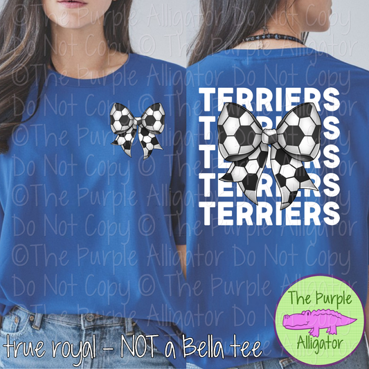 Terriers Stack Soccer Bow Front/Back Mascot School Spirit Wear Team Gear - CHOOSE YOUR TEXT COLOR - 0525 (d2f TPA)