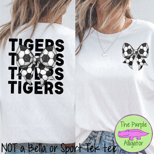 Tigers Stack Soccer Bow Front/Back Mascot School Spirit Wear Team Gear - CHOOSE YOUR TEXT COLOR - 0525 (d2f TPA)
