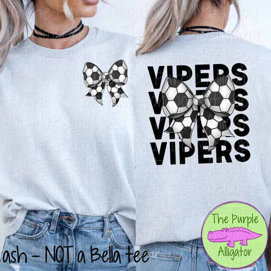 Vipers Stack Soccer Bow Front/Back Mascot School Spirit Wear Team Gear - CHOOSE YOUR TEXT COLOR - 0525 (d2f TPA)