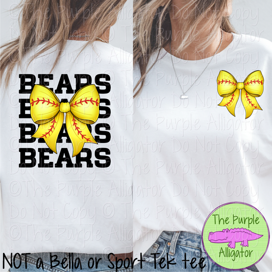 Bears Stack Softball Bow Front/Back Mascot School Spirit Wear Team Gear - CHOOSE YOUR TEXT COLOR - 0625 (d2f TPA)