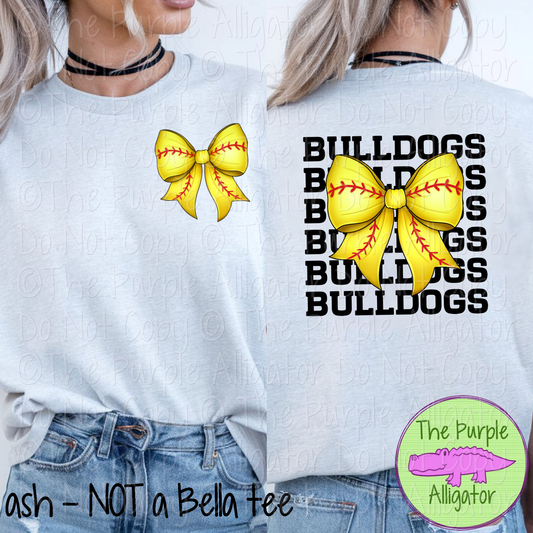 Bulldogs Stack Softball Bow Front/Back Mascot School Spirit Wear Team Gear - CHOOSE YOUR TEXT COLOR - 0625 (d2f TPA)