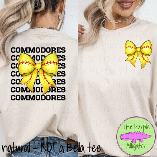 Commodores Stack Softball Bow Front/Back Mascot School Spirit Wear Team Gear - CHOOSE YOUR TEXT COLOR - 0625 (d2f TPA)
