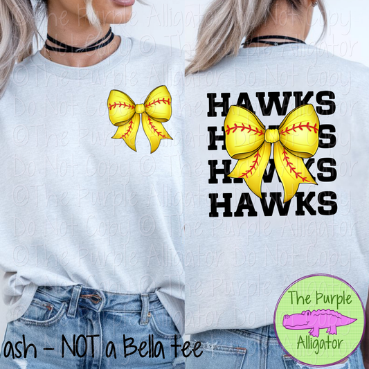 Hawks Stack Softball Bow Front/Back Mascot School Spirit Wear Team Gear - CHOOSE YOUR TEXT COLOR - 0625 (d2f TPA)