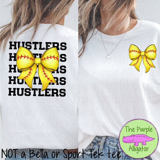 Hustlers Stack Softball Bow Front/Back Mascot School Spirit Wear Team Gear - CHOOSE YOUR TEXT COLOR - 0625 (d2f TPA)