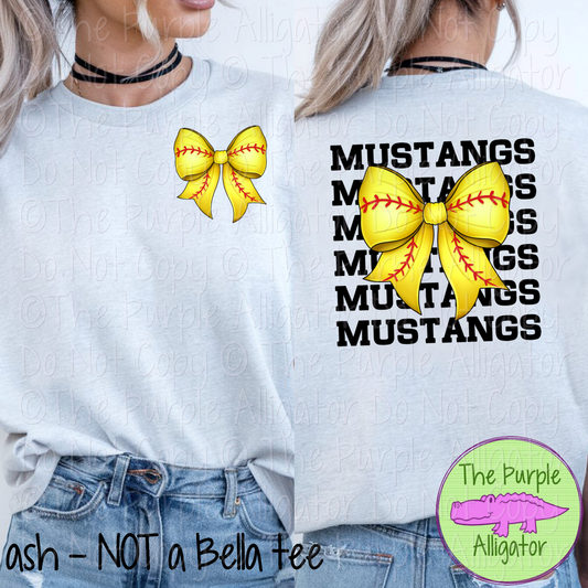 Mustangs Stack Softball Bow Front/Back Mascot School Spirit Wear Team Gear - CHOOSE YOUR TEXT COLOR - 0625 (d2f TPA)
