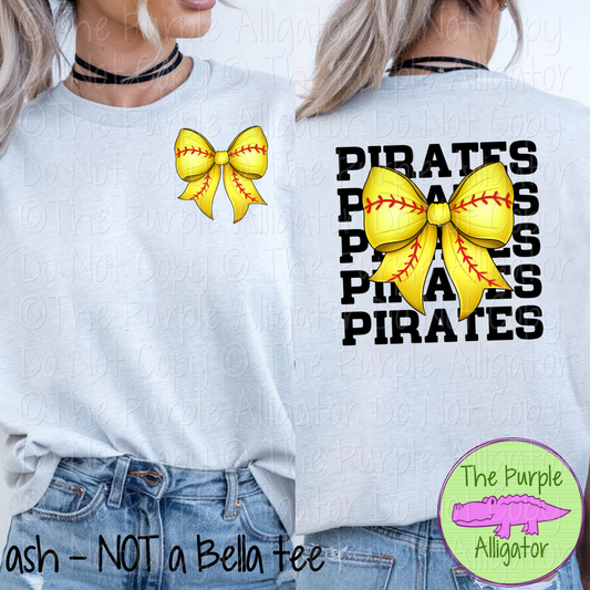 Pirates Stack Softball Bow Front/Back Mascot School Spirit Wear Team Gear - CHOOSE YOUR TEXT COLOR - 0625 (d2f TPA)