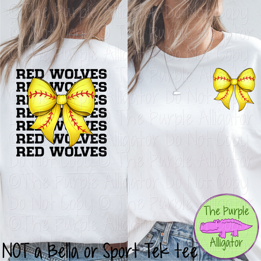 Red Wolves Stack Softball Bow Front/Back Mascot School Spirit Wear Team Gear - CHOOSE YOUR TEXT COLOR - 0625 (d2f TPA)