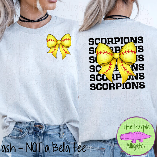 Scorpions Stack Softball Bow Front/Back Mascot School Spirit Wear Team Gear - CHOOSE YOUR TEXT COLOR - 0625 (d2f TPA)
