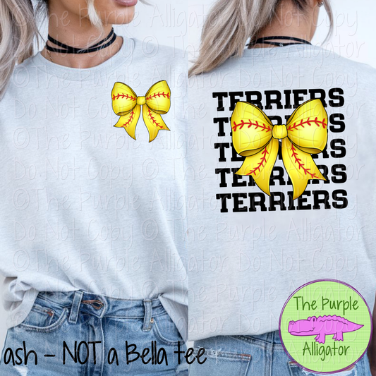 Terriers Stack Softball Bow Front/Back Mascot School Spirit Wear Team Gear - CHOOSE YOUR TEXT COLOR - 0625 (d2f TPA)