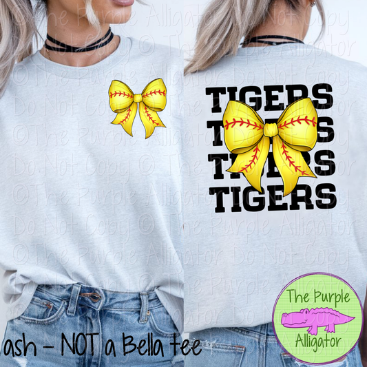 Tigers Stack Softball Bow Front/Back Mascot School Spirit Wear Team Gear - CHOOSE YOUR TEXT COLOR - 0625 (d2f TPA)