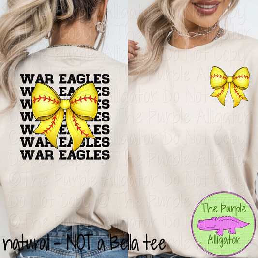 War Eagles Stack Softball Bow Front/Back Mascot School Spirit Wear Team Gear - CHOOSE YOUR TEXT COLOR - 0625 (d2f TPA)
