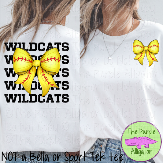 Wildcats Stack Softball Bow Front/Back Mascot School Spirit Wear Team Gear - CHOOSE YOUR TEXT COLOR - 0625 (d2f TPA)