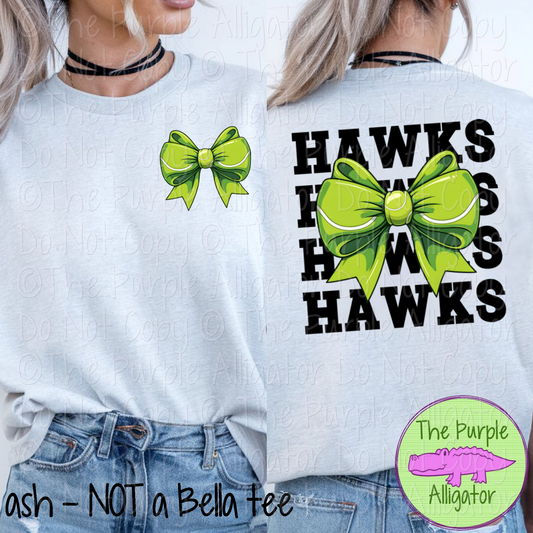 Hawks Stack Tennis Bow Front/Back Mascot School Spirit Wear Team Gear - CHOOSE YOUR TEXT COLOR - 0425 (d2f TPA)