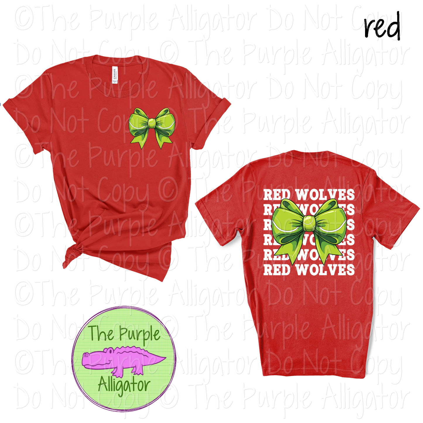 Red Wolves Stack Tennis Bow Front/Back Mascot School Spirit Wear Team Gear - CHOOSE YOUR TEXT COLOR - 0425 (d2f TPA)