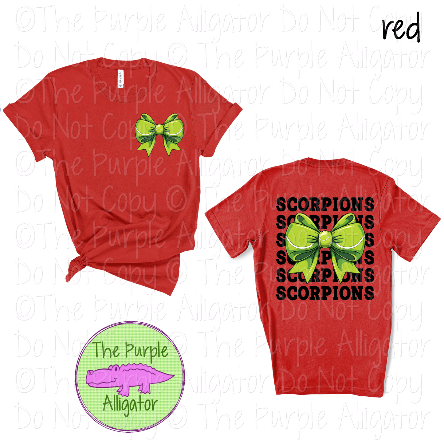 Scorpions Stack Tennis Bow Front/Back Mascot School Spirit Wear Team Gear - CHOOSE YOUR TEXT COLOR - 0425 (d2f TPA)
