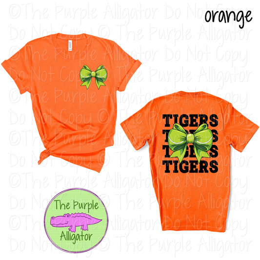 Tigers Stack Tennis Bow Front/Back Mascot School Spirit Wear Team Gear - CHOOSE YOUR TEXT COLOR - 0425 (d2f TPA)