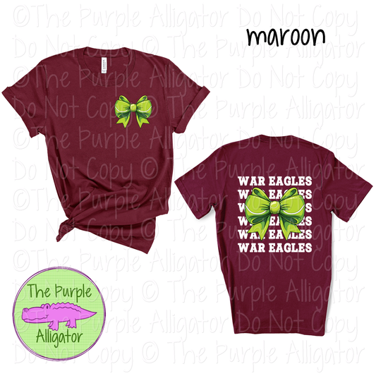 War Eagles Stack Tennis Bow Front/Back Mascot School Spirit Wear Team Gear - CHOOSE YOUR TEXT COLOR - 0425 (d2f TPA)