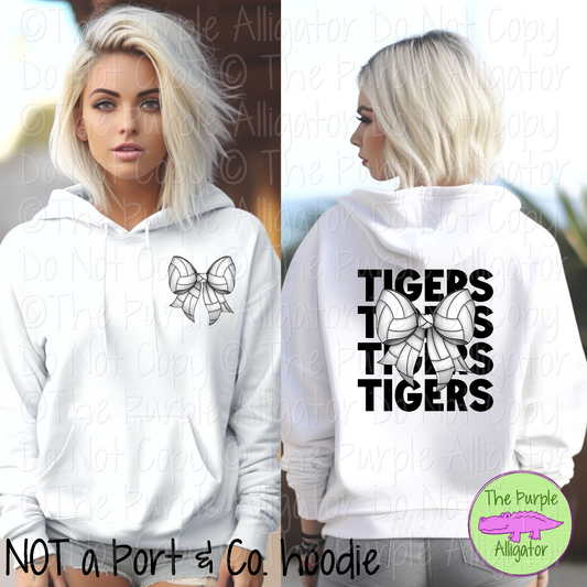 Tigers Stack Volleyball Bow Front/Back Mascot School Spirit Wear Team Gear - CHOOSE YOUR TEXT COLOR - 0425 (d2f TPA)
