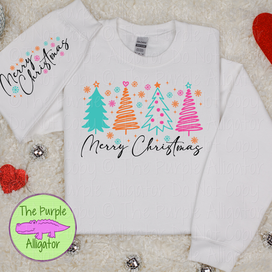 Merry Christmas Colorful Trees w Sleeve Design Shirt, Retro Christmas Tree Apparel, Colorful Holiday Shirt 1025 DS