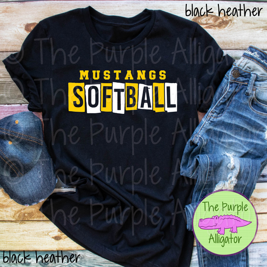 Mustangs Softball SC58 Mascot School Spirit - CHOOSE YOUR DESIGN COLORS (d2f TPA)