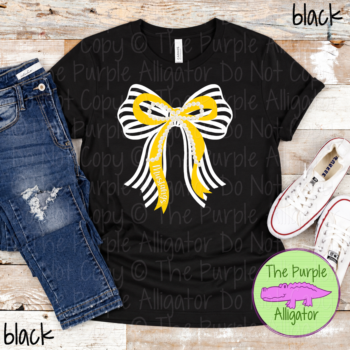 Mustangs Stripes & Pearls – Custom Two-Color Mascot Bow Spirit Wear 1026 TPA