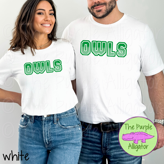 Owls T401 | Varsity Letter Retro Spirit Wear - CHOOSE YOUR TEXT COLOR 0725 (d2f TPA)