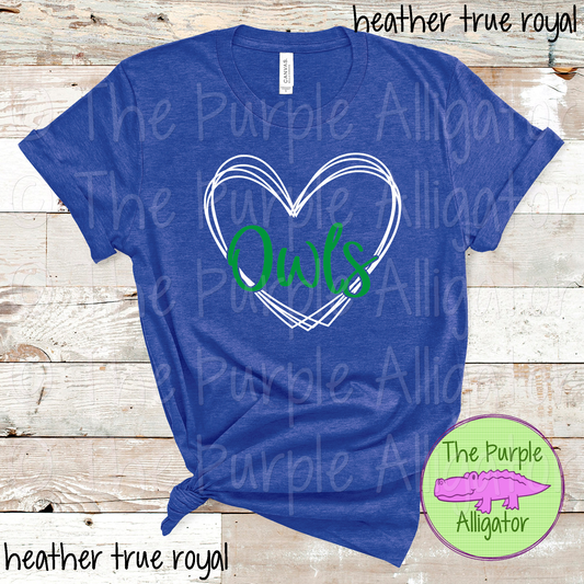 Owls Heart Frame Mascot School Spirit - CHOOSE YOUR DESIGN COLORS (d2f TPA)