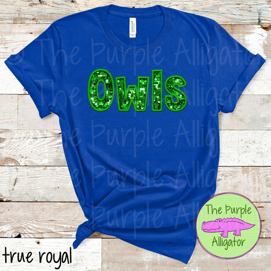 Owls TDR Sequins Faux Sequin Mascot School Spirit - CHOOSE YOUR SEQUIN COLOR (d2f TPA)