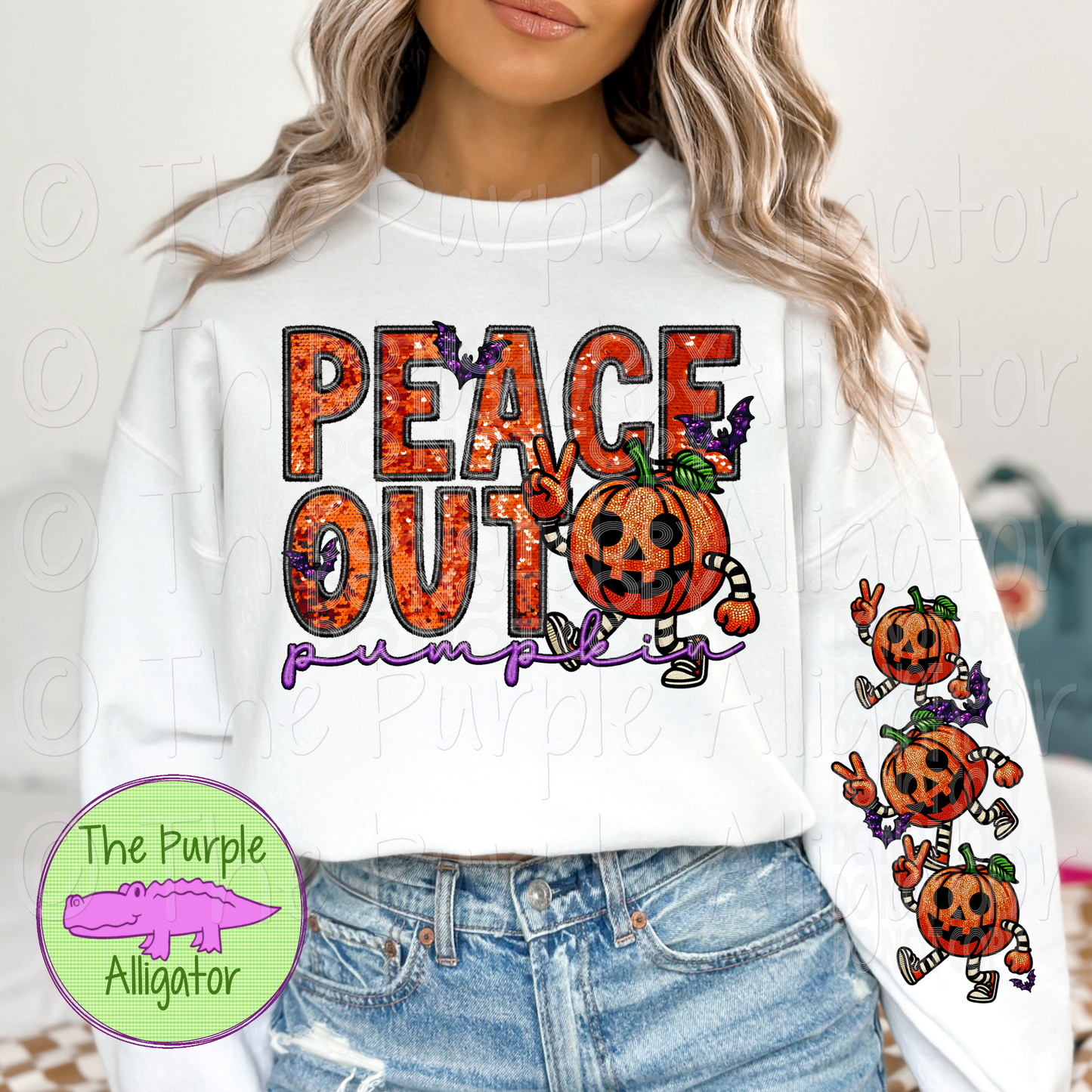 Peace Out Pumpkin Faux Embroidery w Sleeve Design 0824 (d2f PHDC)