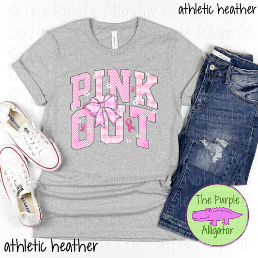 Gray t-shirt with 'Pink Out' design, white sneakers, and blue jeans on a white background.