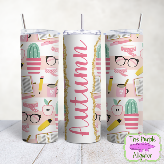 Pink Teacher Tools with Cactus 5 Gold Glitter Name Personalized (TWD) 20oz Tumbler