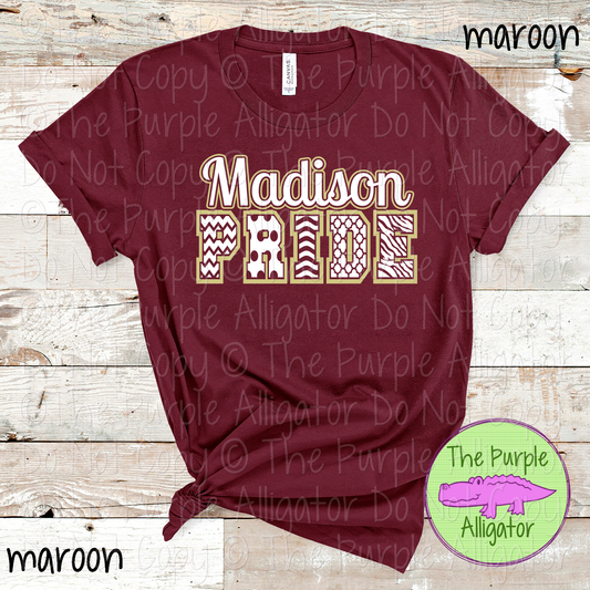 Madison Patterned Pride | Varsity Spirit Wear with Bold Pattern Lettering | CHOOSE YOUR DESIGN COLORS 0925 (d2f TPA)