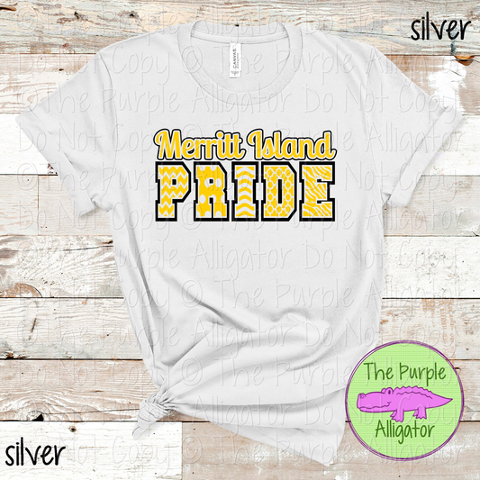 Merritt Island Patterned Pride | Varsity Spirit Wear with Bold Pattern Lettering | CHOOSE YOUR DESIGN COLORS 0925 (d2f TPA)
