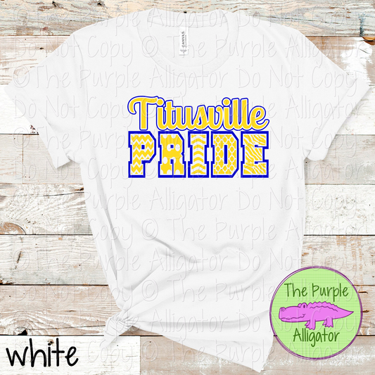 Titusville Patterned Pride | Varsity Spirit Wear with Bold Pattern Lettering | CHOOSE YOUR DESIGN COLORS 0925 (d2f TPA)