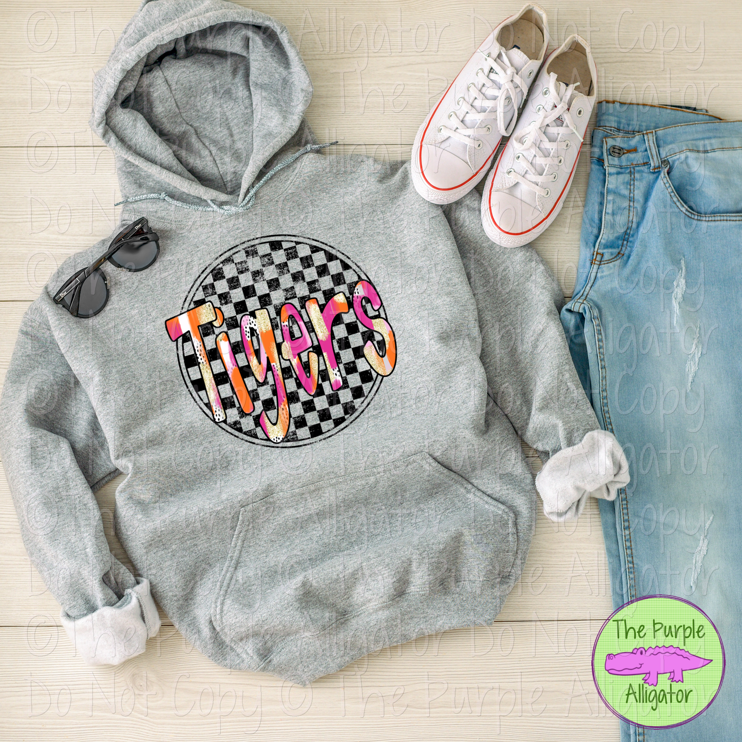 Tigers Preppy Distressed Checker Mascot School Spirit 0225 (d2f TPA)