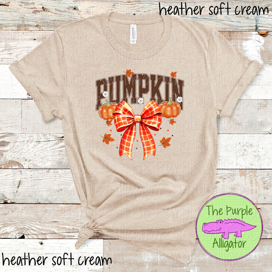 Pumpkin Plaid Fall Bow | Varsity Letter Tee with Orange Coquette Bow 0625 (D2F TB)