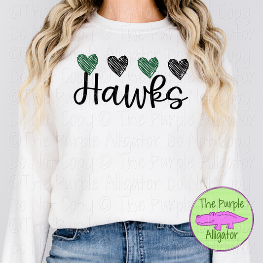 Hawks Quad Hearts Mascot School Spirit CHOOSE YOUR DESIGN COLORS 0225 (d2f TPA)