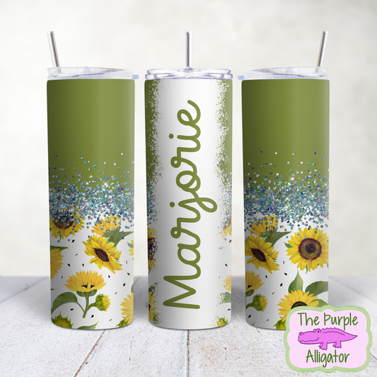 Sage Green & Sunflowers Floral 127 Glitter Split Name Personalized (TWD) 20oz Tumbler
