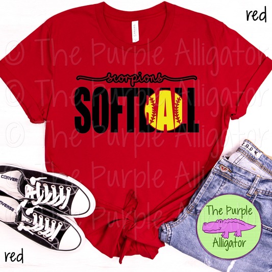 Scorpions Softball SC53 Mascot School Spirit - CHOOSE YOUR DESIGN COLOR (d2f TPA)