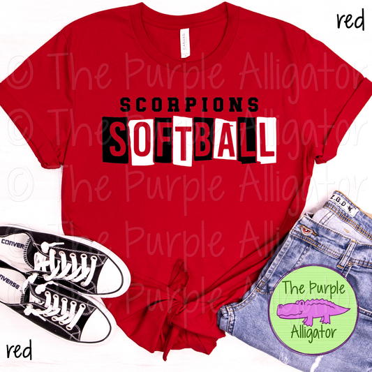 Scorpions Softball SC58 Mascot School Spirit - CHOOSE YOUR DESIGN COLORS (d2f TPA)