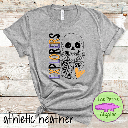 Explorers Smiley Bones Halloween Mascot School Spirit Shirt Cute Skeleton Design Spooky Game Day Apparel 0925 TPA