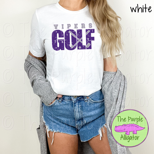 Vipers Golf DISTRESSED SC2 Mascot School Spirit - CHOOSE YOUR DESIGN COLORS (d2f TPA)