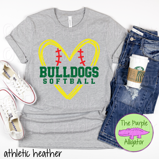 Bulldogs Softball 26 Yellow Heart Stitch Mascot Softball Shirt 0724 TPA