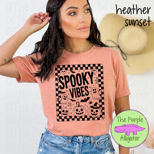 Spooky Vibes Checker Frame – Retro Halloween Graphic Tee 0825 (d2f PD)