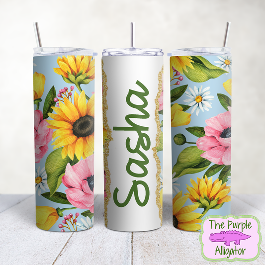 Sunflowers & Pink Poppies 3 Gold Glitter Name Personalized (TWD) 20oz Tumbler