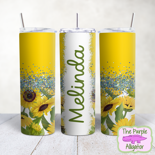 Sunglow Yellow Sunflower Floral 128 Glitter Split Name Personalized (TWD) 20oz Tumbler