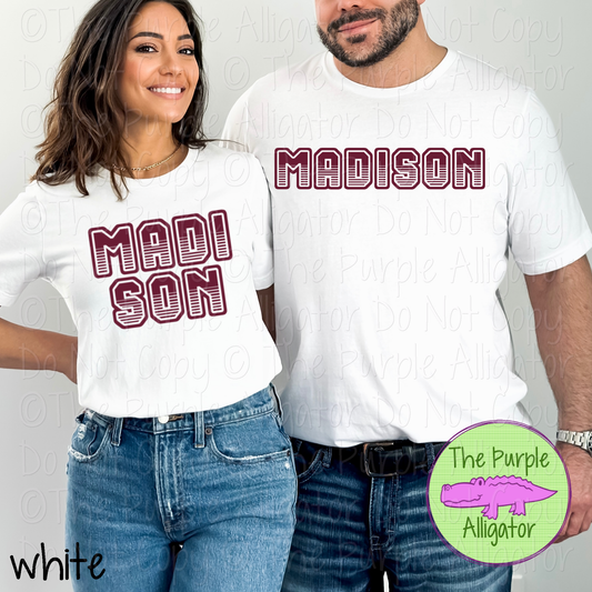 Madison T401 | Varsity Letter Retro Spirit Wear - CHOOSE YOUR TEXT COLOR 0725 (d2f TPA)