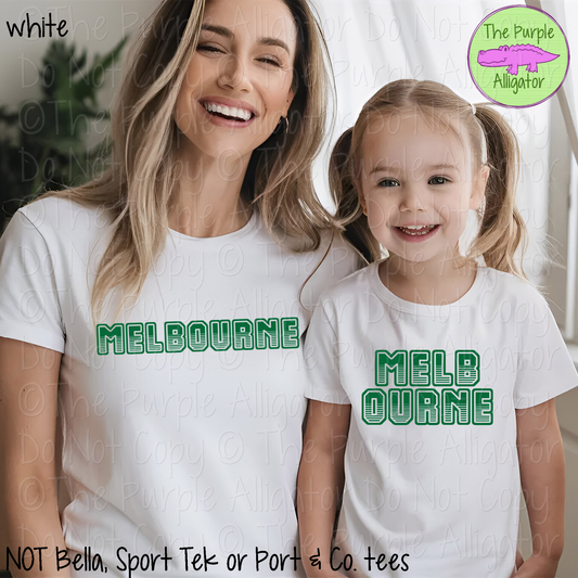 Melbourne T401 | Varsity Letter Retro Spirit Wear - CHOOSE YOUR TEXT COLOR 0725 (d2f TPA)