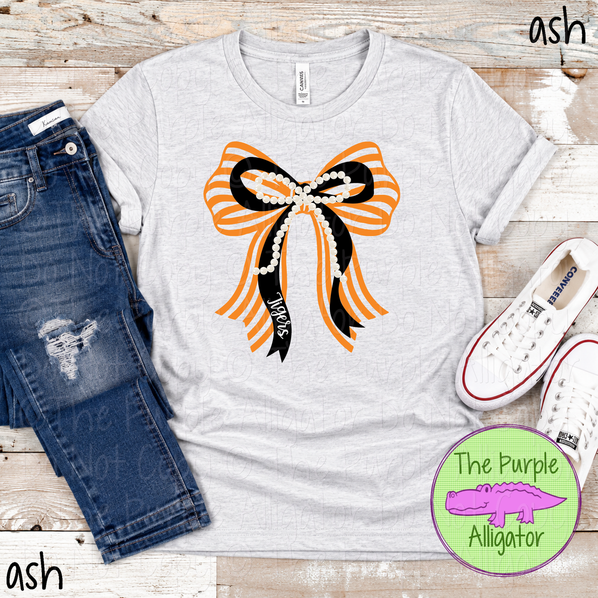 Tigers Stripes & Pearls – Custom Two-Color Mascot Bow Spirit Wear 1026 TPA